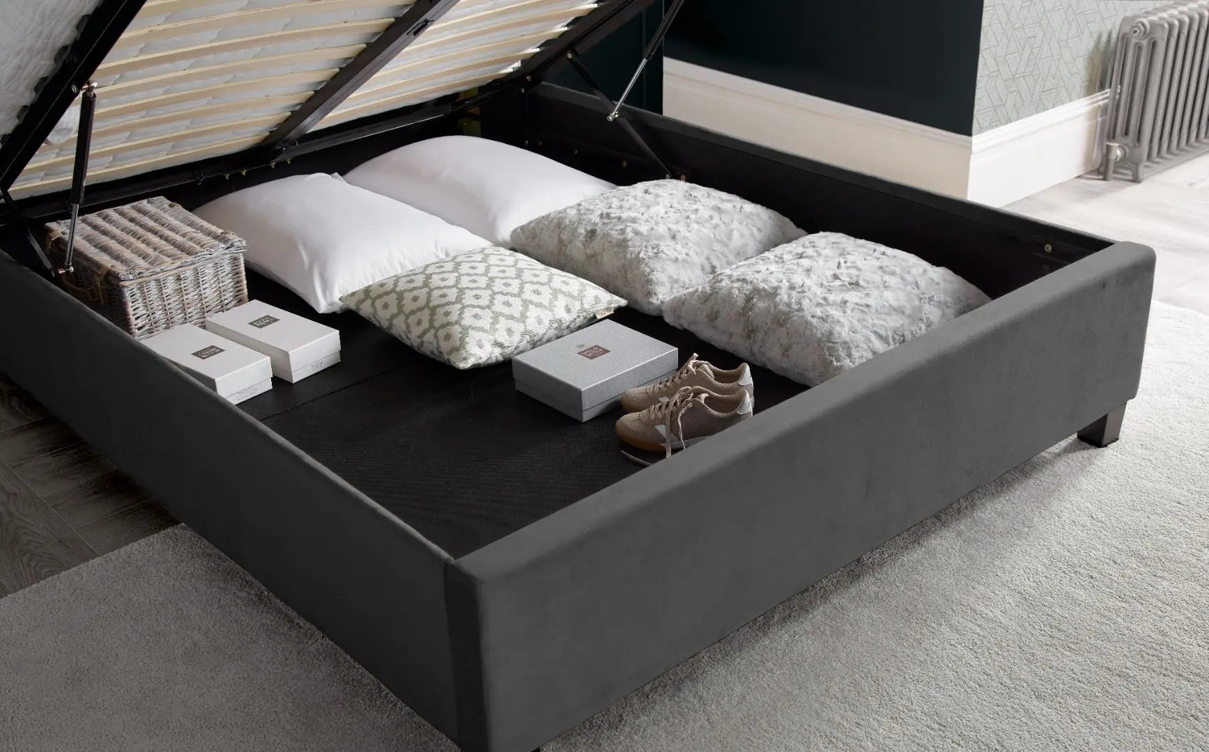 Aurora Grey Velvet Ottoman Bed Double (4ft6)-JE Retailonline