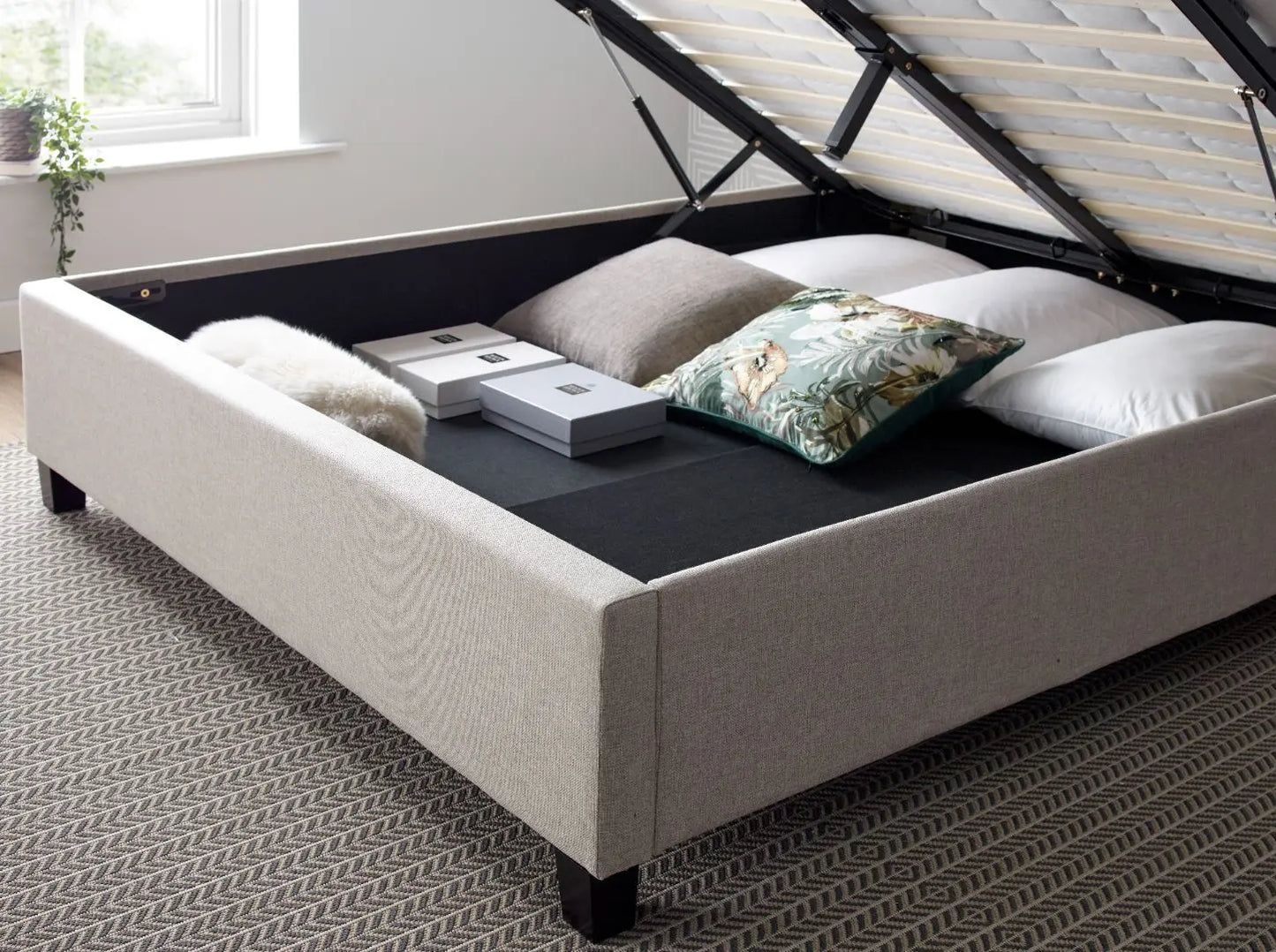 Brandon Oatmeal Fabric Ottoman Bed-JE Retailonline