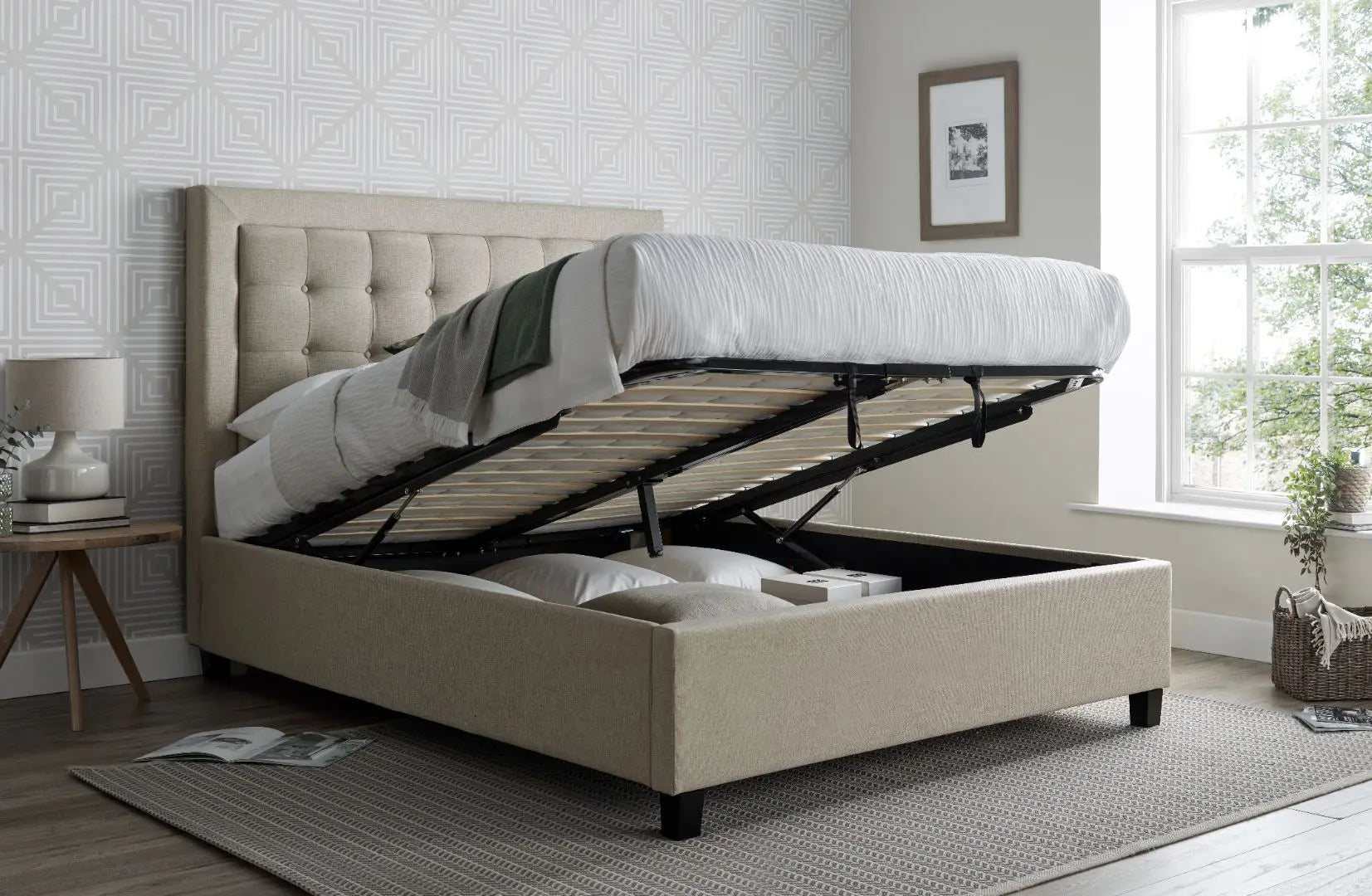 Brandon Oatmeal Fabric Ottoman Bed-JE Retailonline