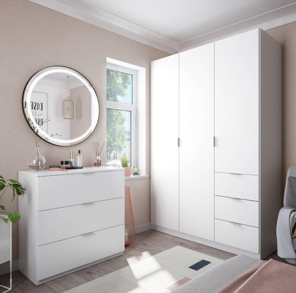 Cairo Artic White Compact 3 Door 3 Drawer Space-Saving 135cm Wardrobe