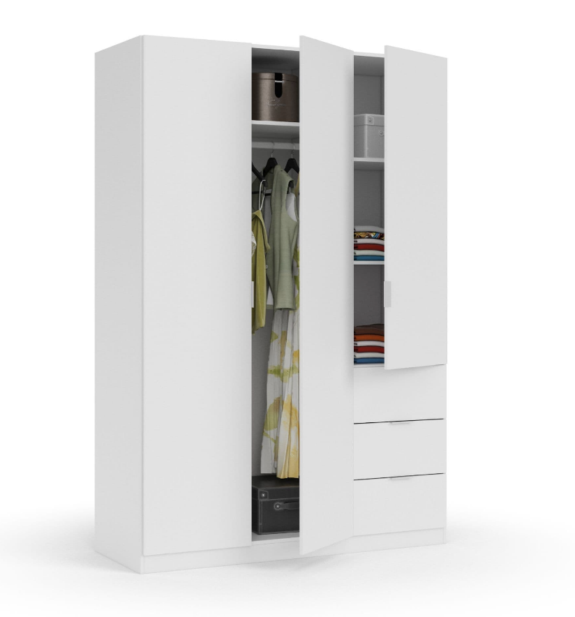 Cairo Artic White Compact 3 Door 3 Drawer Space-Saving 135cm Wardrobe