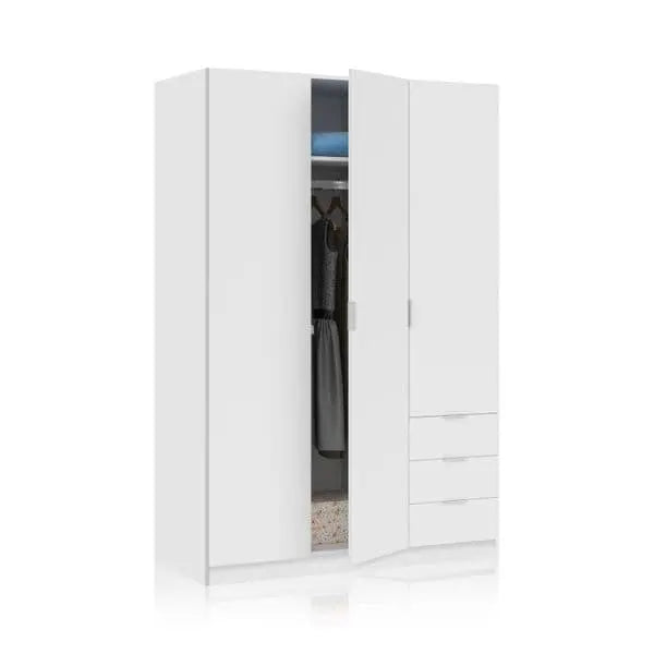 Wardrobe White Compact 3 Door 3 Drawer Space