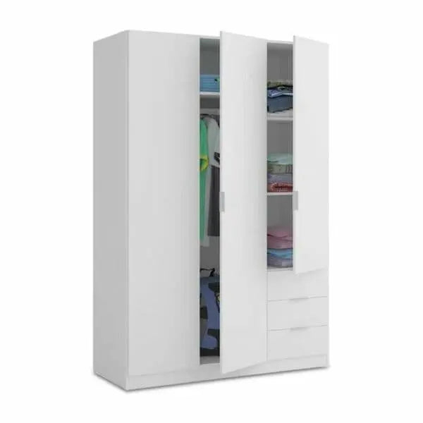 Wardrobe White Compact 3 Door 3 Drawer Space