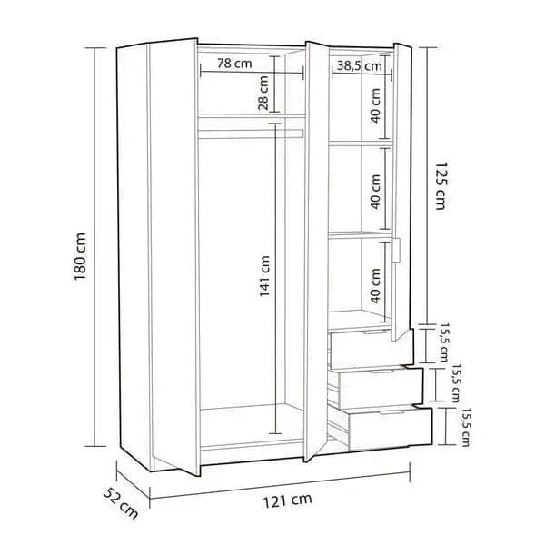 Wardrobe White Compact 3 Door 3 Drawer Space