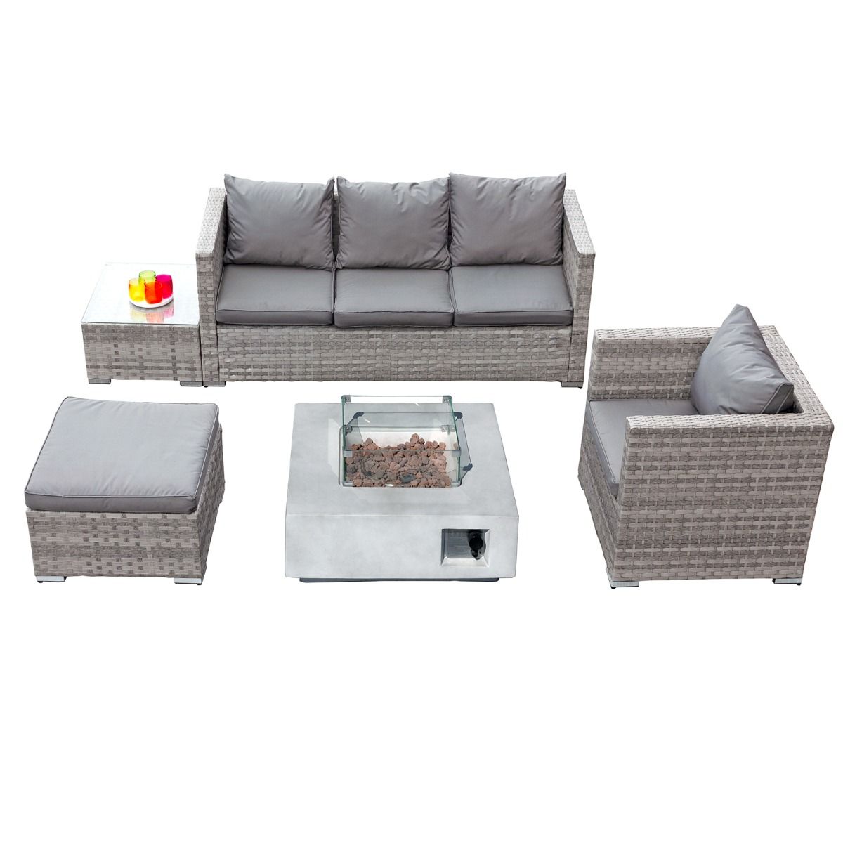 Acorn Rattan 5 Seat Lounge Sofa Set with GRC Firepit in Dove Grey-JE Retailonline