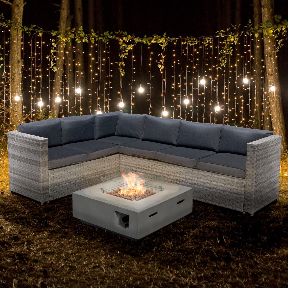 Acorn Rattan 6 Seat Corner Sofa Set with GRC Firepit in Dove Grey-JE Retailonline