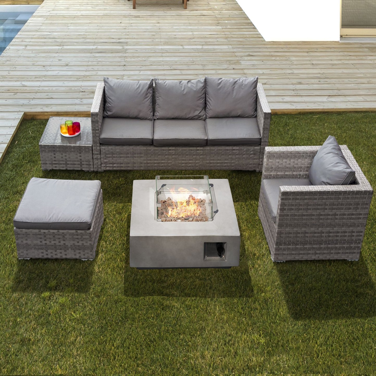 Acorn Rattan 5 Seat Lounge Sofa Set with GRC Firepit in Dove Grey-JE Retailonline