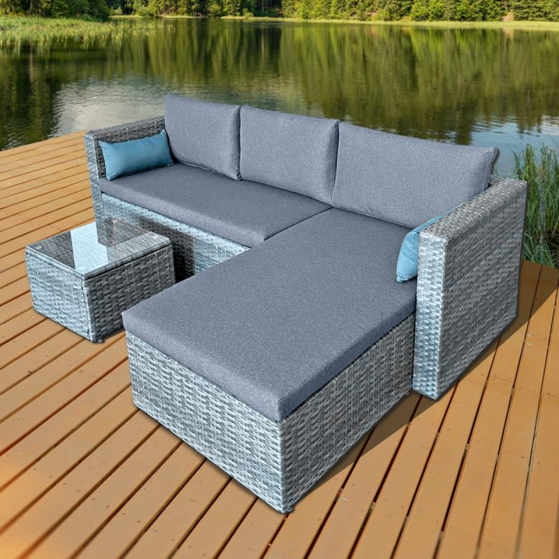 Hampton KD Rattan 3 Seat Chaise Garden Lounge Set in Grey-JE Retailonline