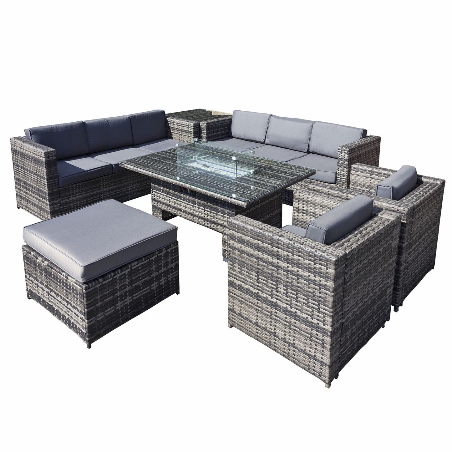 Malta Rattan 9 Seat Rising Firepit U-Shape Set in Grey Walnut with Footstool Weatherproof Rattan-JE Retailonline