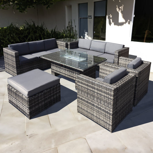 Malta Rattan 9 Seat Rising Firepit U-Shape Set in Grey Walnut with Footstool Weatherproof Rattan-JE Retailonline