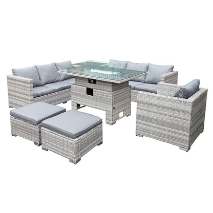 Malta Rattan 9 Seat Rising Firepit Corner Set in Dove Grey with 2 Footstools-JE Retailonline