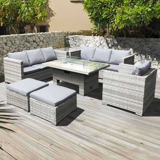 Malta Rattan 9 Seat Rising Firepit Corner Set in Dove Grey with 2 Footstools-JE Retailonline