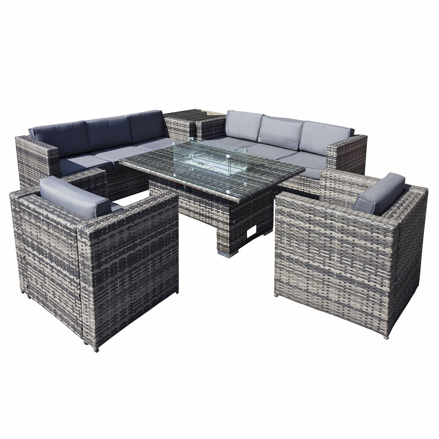 Malta Rattan garden furniture Corner Set 8 Seat with Rising Firepit in Grey Walnut-JE Retailonline