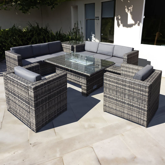 Malta Rattan garden furniture Corner Set 8 Seat with Rising Firepit in Grey Walnut-JE Retailonline