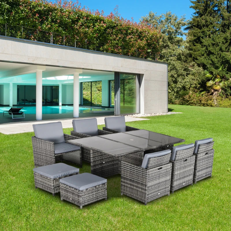 Outdoor 11pc Rattan Garden Furniture Patio Dining Set 10-seater Cube Sofa Weave Wicker 6 Chairs 4 Footrests & 1 Table Mixed Grey-JE Retailonline