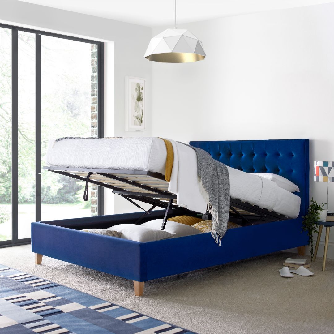 Kingham Blue Velvet Ottoman Bed-JE Retailonline