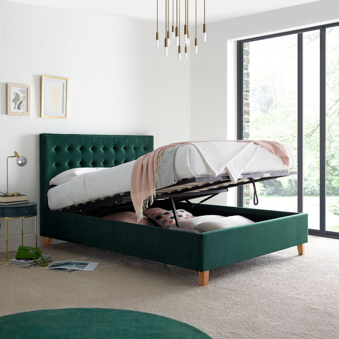 Kingham Green Velvet Ottoman Bed-JE Retailonline