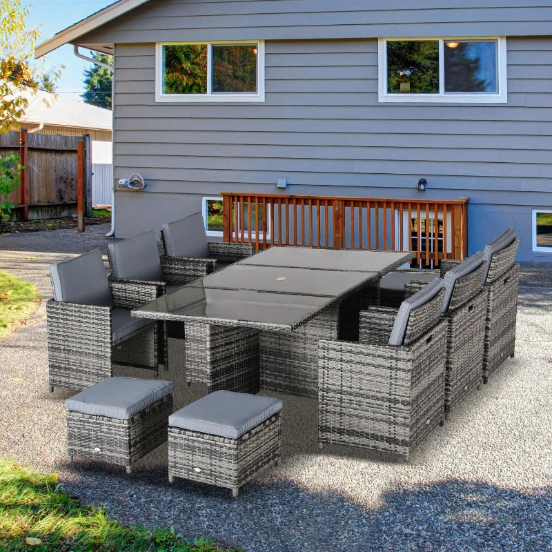 Outdoor 11pc Rattan Garden Furniture Patio Dining Set 10-seater Cube Sofa Weave Wicker 6 Chairs 4 Footrests & 1 Table Mixed Grey-JE Retailonline