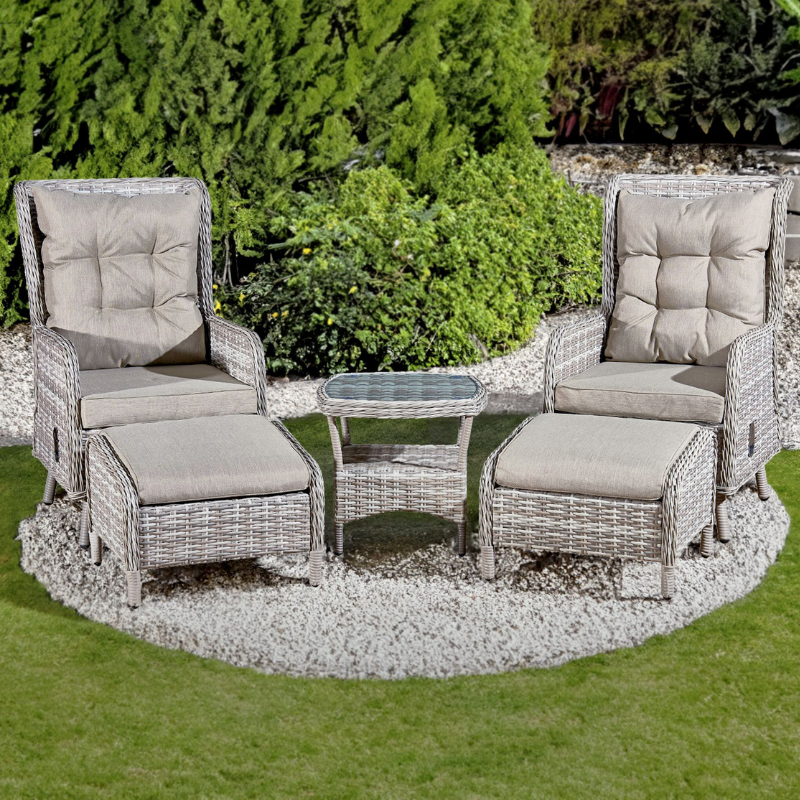 Majorca Rattan 2 Seat Recliner Tea for Two Set in Dove Grey with Stools-JE Retailonline