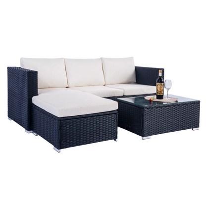 Mercia 4 Seat Black Rattan Set with white cushions-JE Retailonline