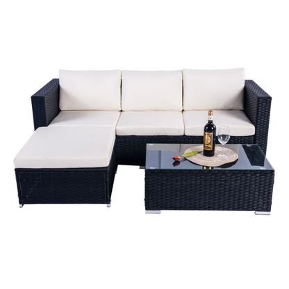 Mercia 4 Seat Black Rattan Set with white cushions-JE Retailonline