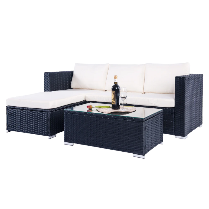 Mercia 4 Seat Black Rattan Set with white cushions-JE Retailonline