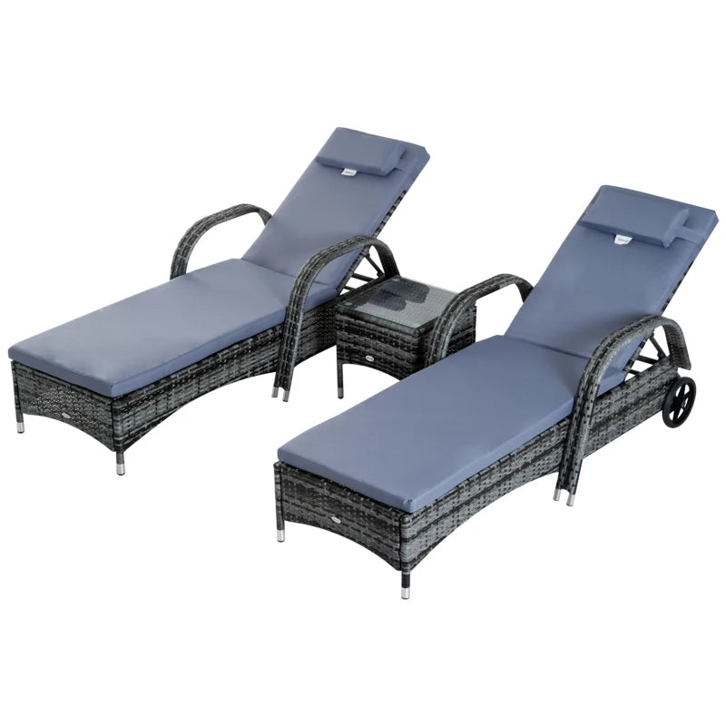 Rattan Sun Lounger Set of 3 with Garden Wheeling Recliner, Cushions, Side Coffee Table - Grey Color-JE Retailonline