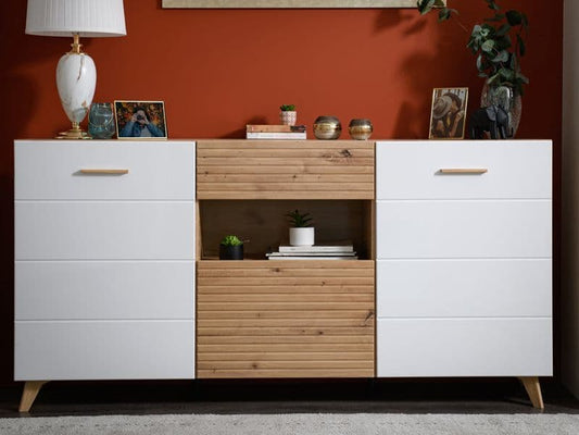 Bretanova Slatted Artisan Oak Effect And White Gloss Sideboard