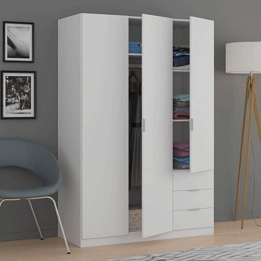 Wardrobe White Compact 3 Door 3 Drawer Space