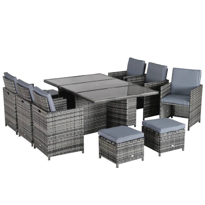 Outdoor 11pc Rattan Garden Furniture Patio Dining Set 10-seater Cube Sofa Weave Wicker 6 Chairs 4 Footrests & 1 Table Mixed Grey-JE Retailonline