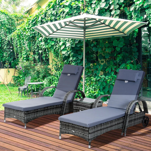 Rattan Sun Lounger Set of 3 with Garden Wheeling Recliner, Cushions, Side Coffee Table - Grey Color-JE Retailonline